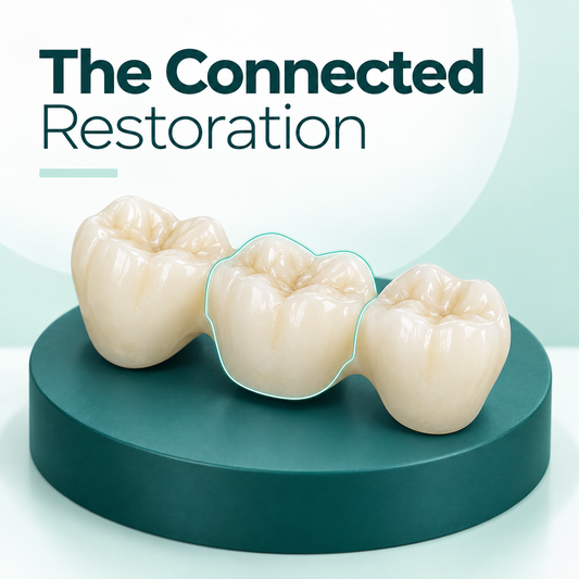 The bridge comprises connected crown units across the missing-tooth span. Educational illustration.