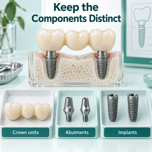 Implants and abutments are separate from the bridge crown units. Educational illustration.