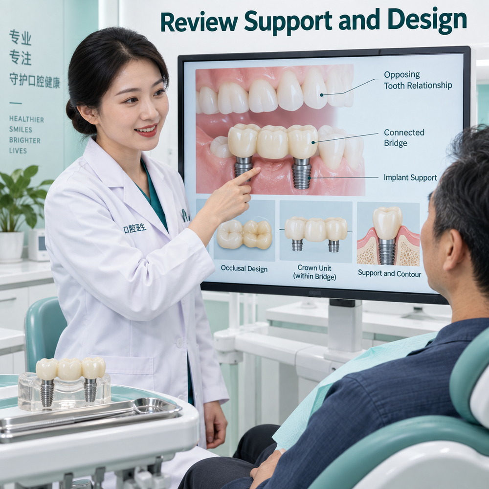 The bridge design is reviewed against support and bite. Educational illustration.