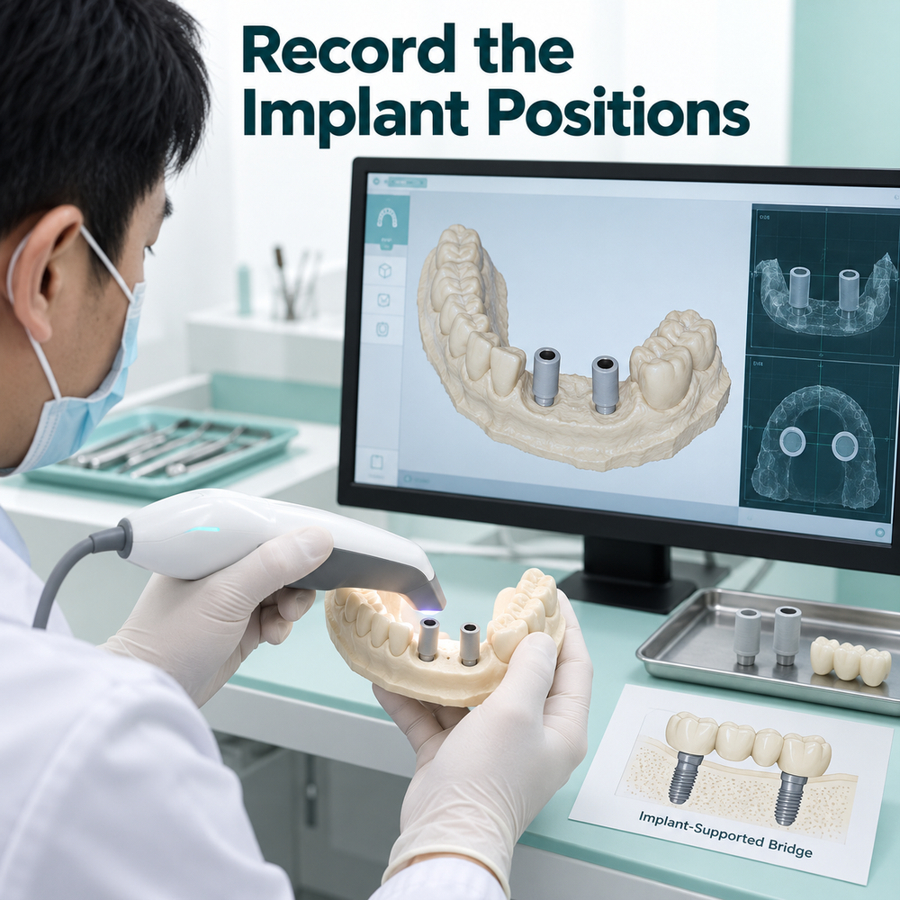 A scan records implant positions for the bridge design. Educational illustration.