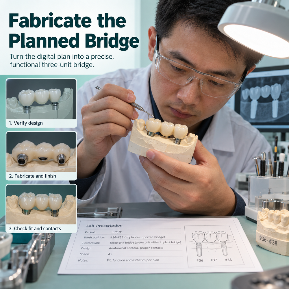 A Chinese technician checks the connected bridge against the prescription. Educational illustration.