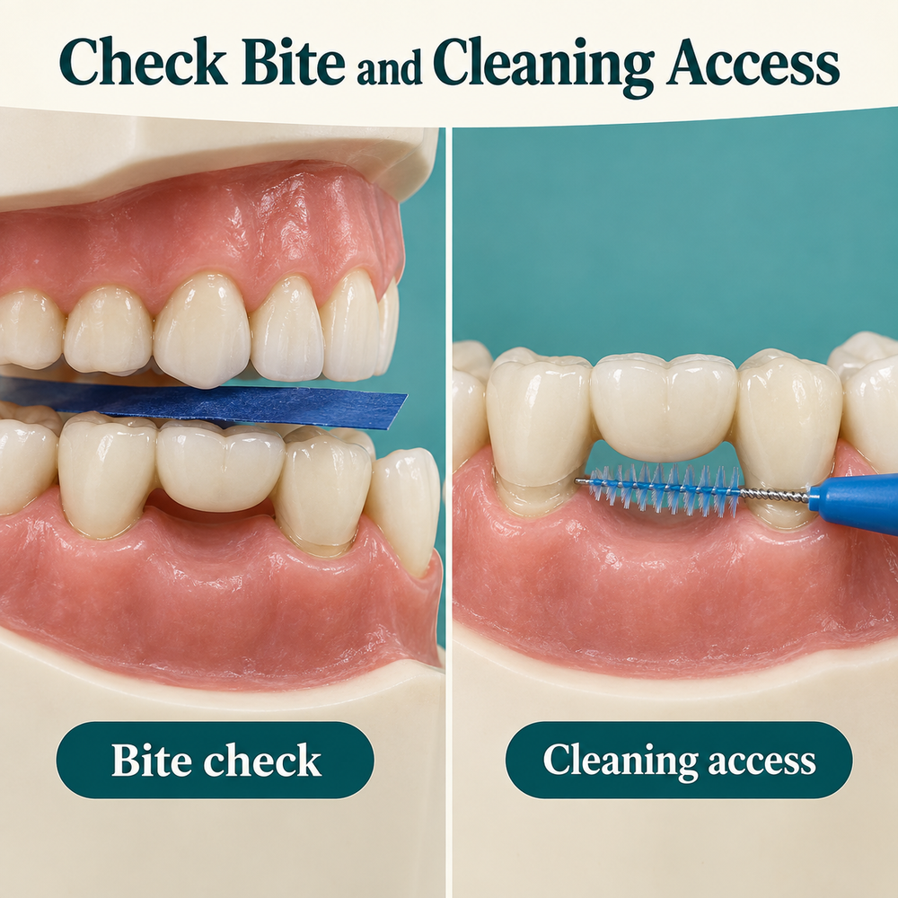 Bite checks and under-bridge cleaning are reviewed after fitting. Educational illustration.