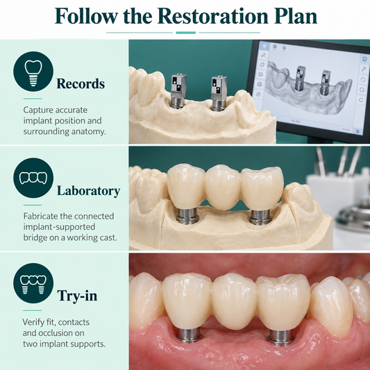 Records, laboratory fabrication and try-in follow the planned stages. Educational illustration.