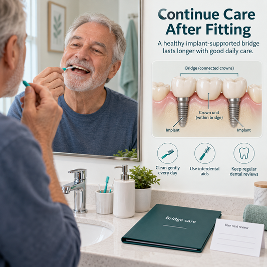 The patient continues the demonstrated cleaning and review routine. Educational illustration.