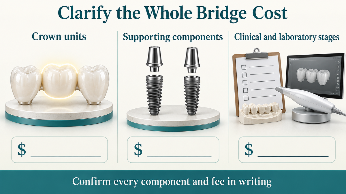 The total bridge quotation includes confirmed unit counts and separate components. Educational illustration.