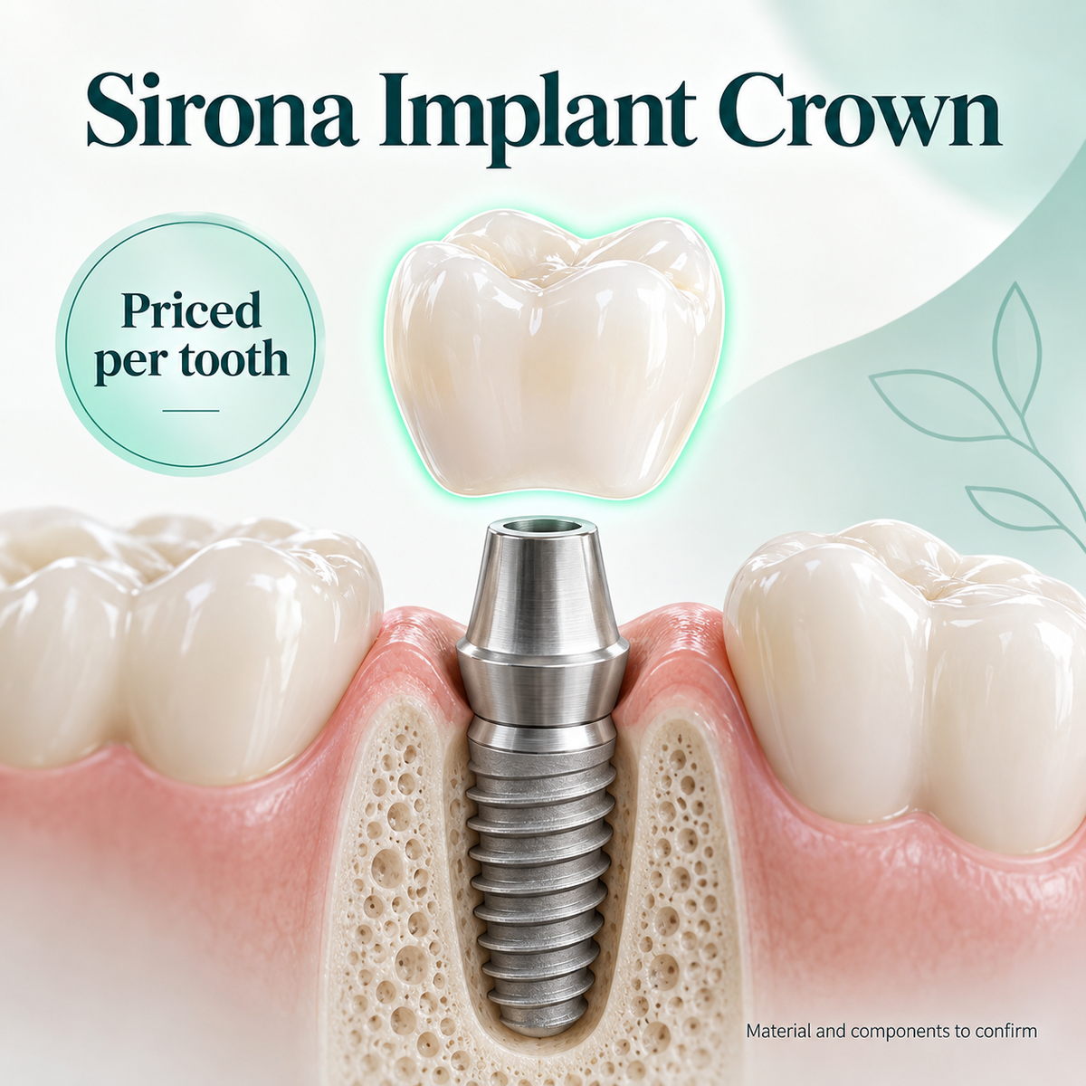 The implant crown is highlighted separately from its supporting components. Educational illustration.