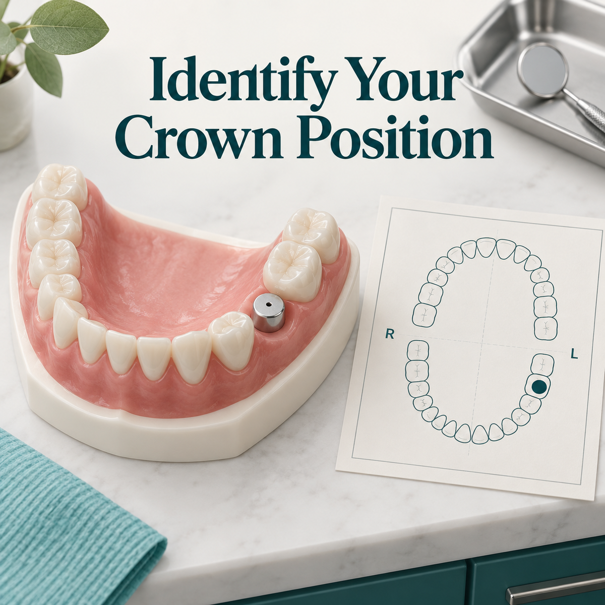 The missing-tooth position and existing implant are identified for crown planning. Educational illustration.