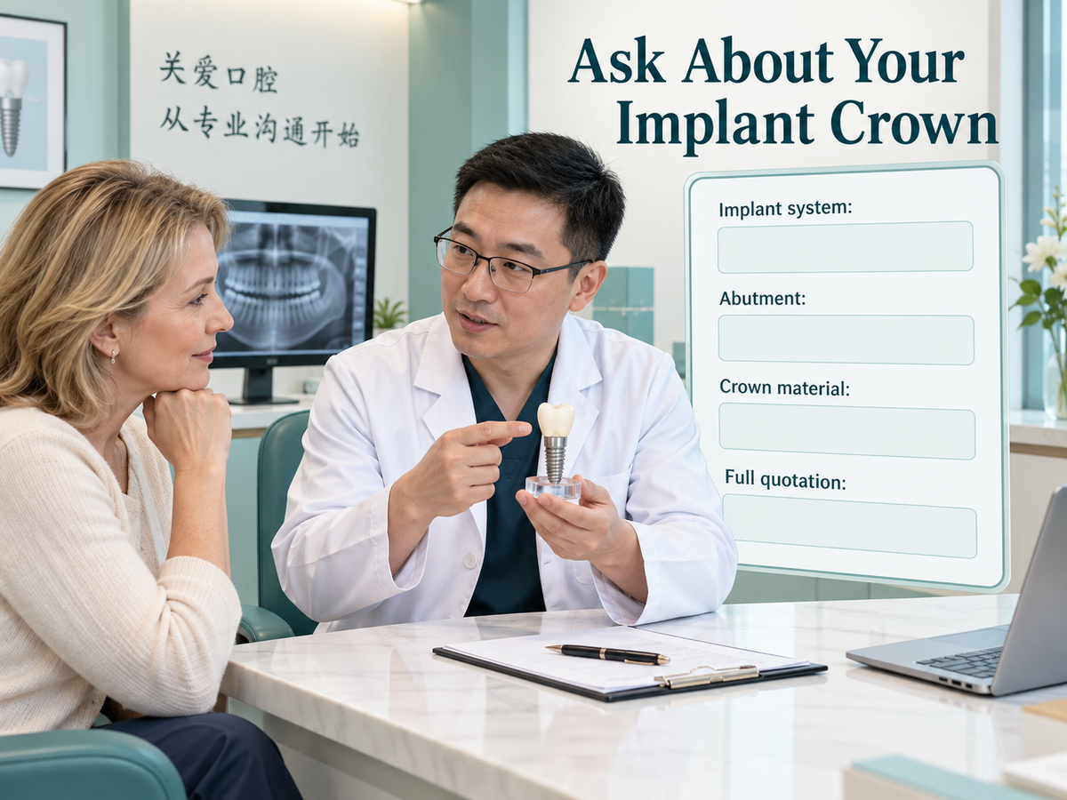 A Chinese dentist discusses the crown, connection and written quotation. Educational illustration.