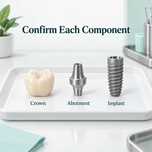Crown, abutment and implant are distinct components. Educational illustration.