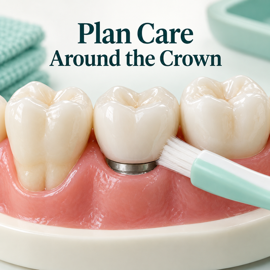 Cleaning focuses around the fitted crown and the neighbouring teeth. Educational illustration.
