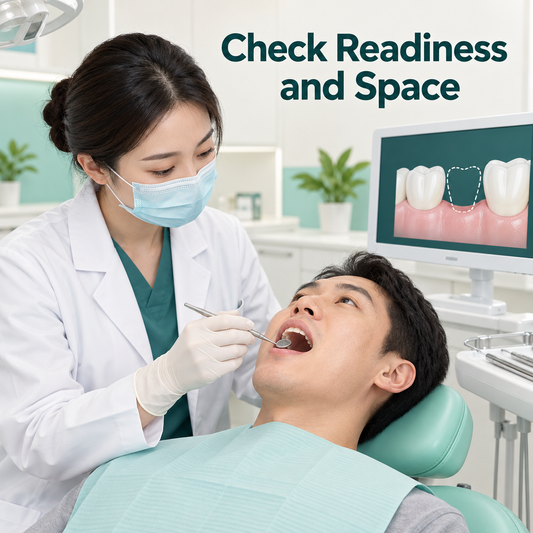 A Chinese dentist examines the implant site and restorative space. Educational illustration.