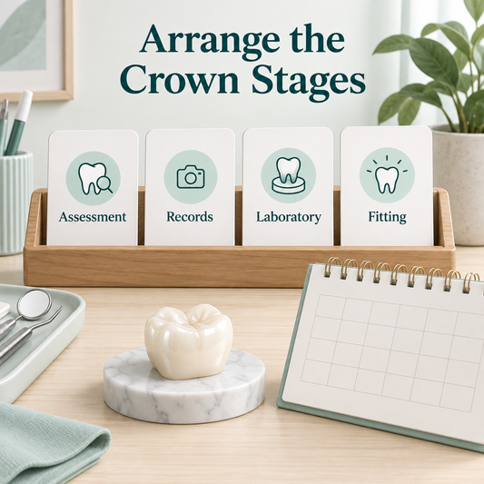 Crown appointments follow assessment, records, laboratory work and fitting. Educational illustration.