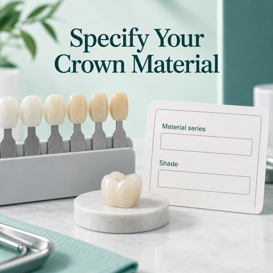 Exact crown material is confirmed on the laboratory prescription. Educational illustration.