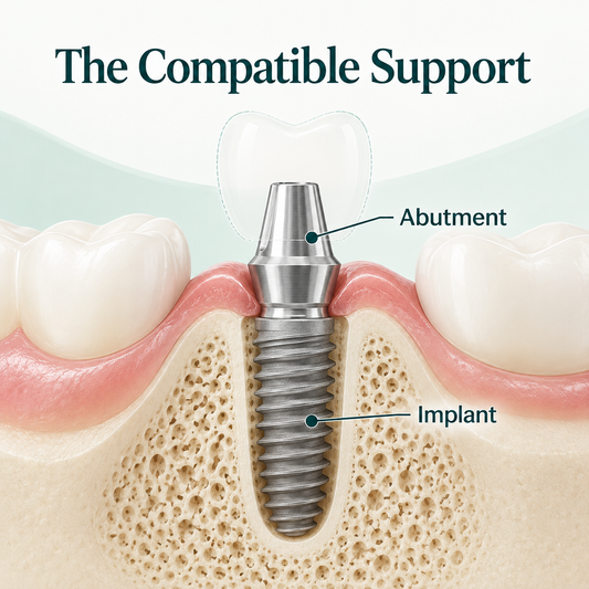 The abutment joins the implant fixture to the crown. Educational illustration.