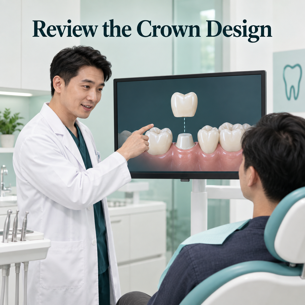 Crown design is reviewed against the existing implant and bite. Educational illustration.