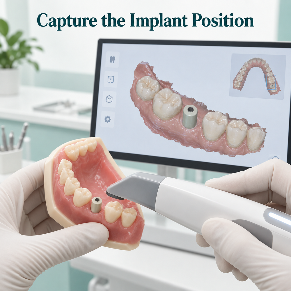 Digital records capture the implant position for crown fabrication. Educational illustration.