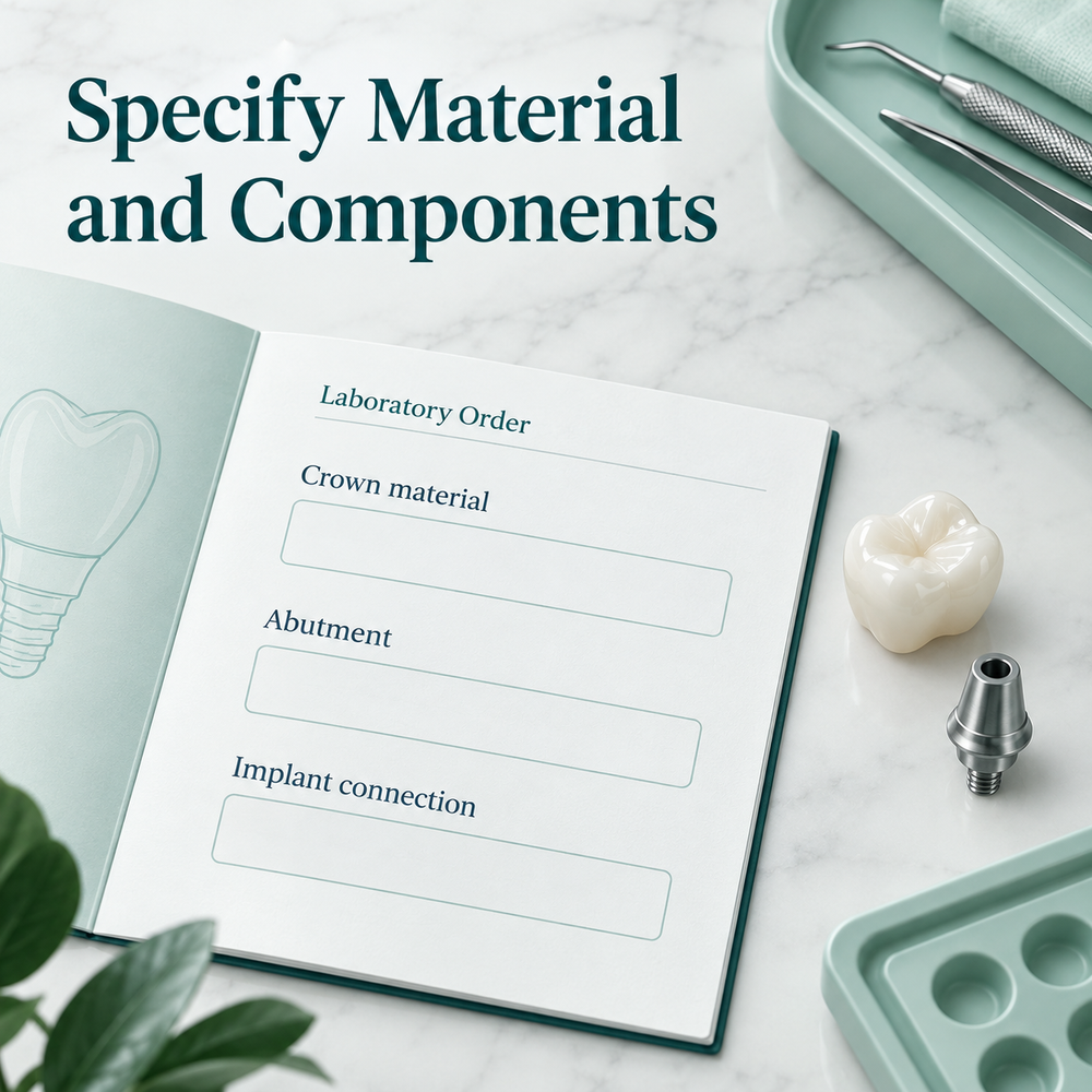 The prescription names the material and compatible components. Educational illustration.