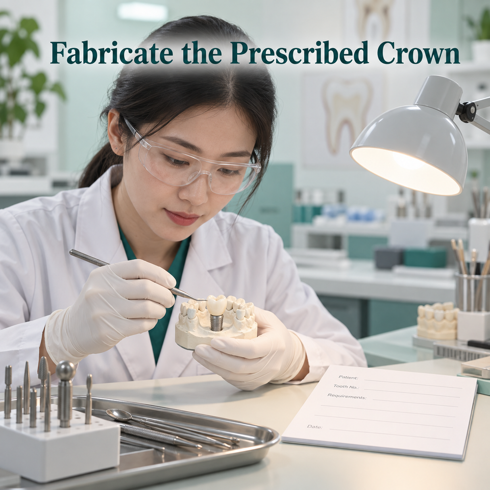 A Chinese technician checks the crown against its laboratory prescription. Educational illustration.