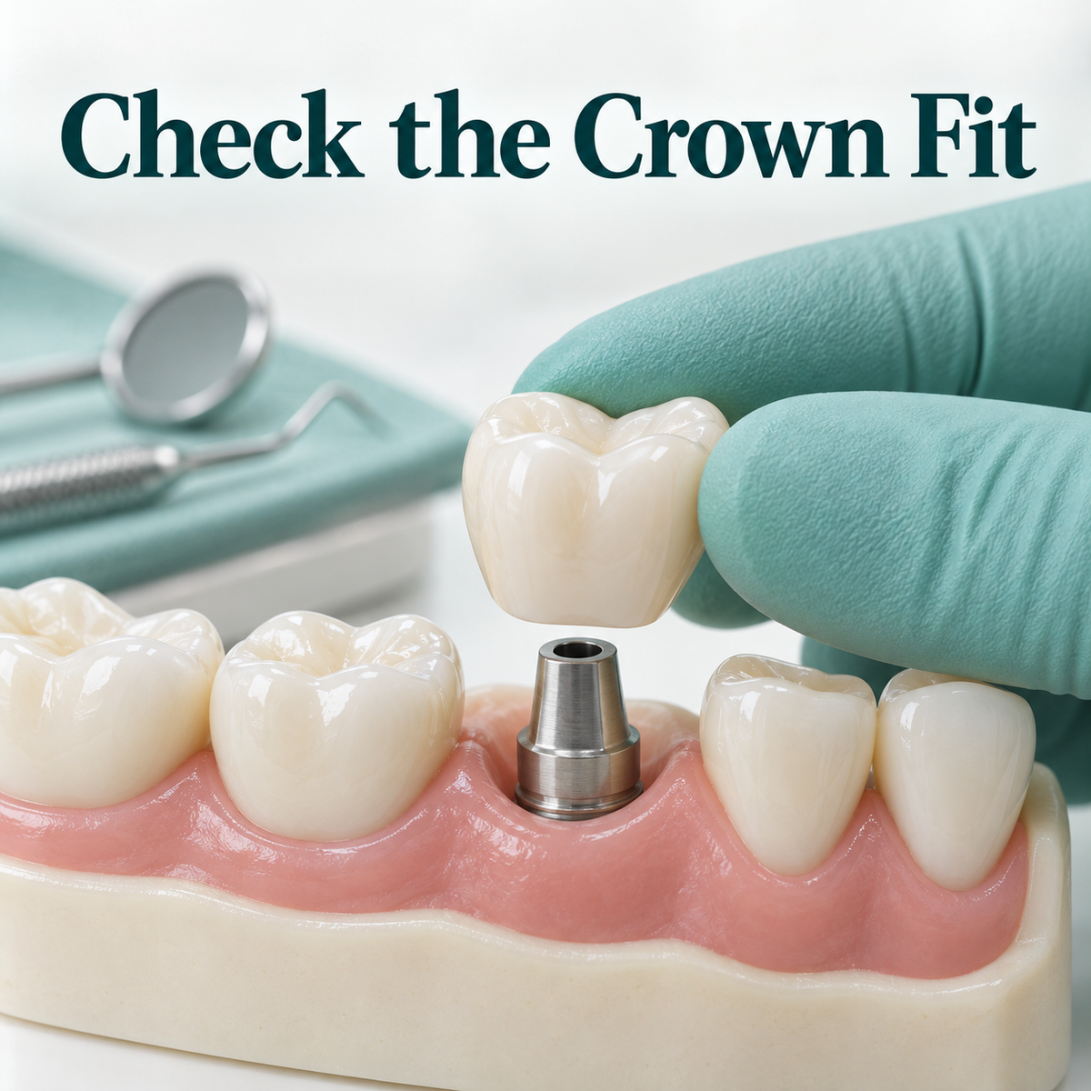 The crown is tried over the compatible abutment before installation. Educational illustration.