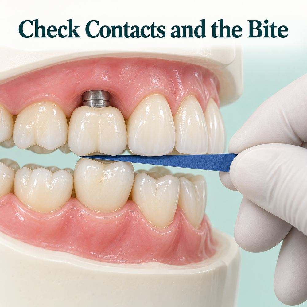 Articulating paper illustrates checking the fitted crown in the bite. Educational illustration.
