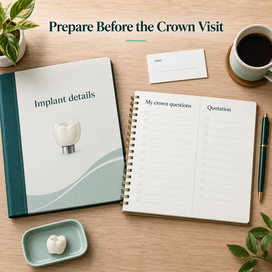 Existing implant details and questions are prepared before the crown appointment. Educational illustration.