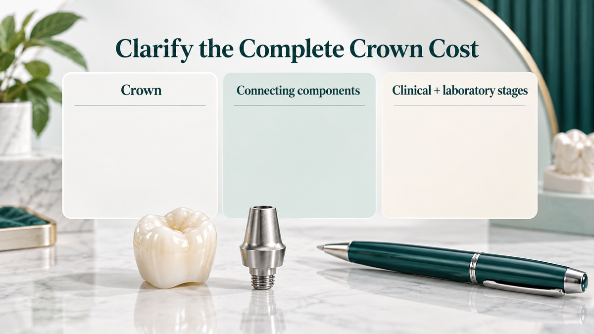 The written quotation separates crown, connecting parts and service stages. Educational illustration.