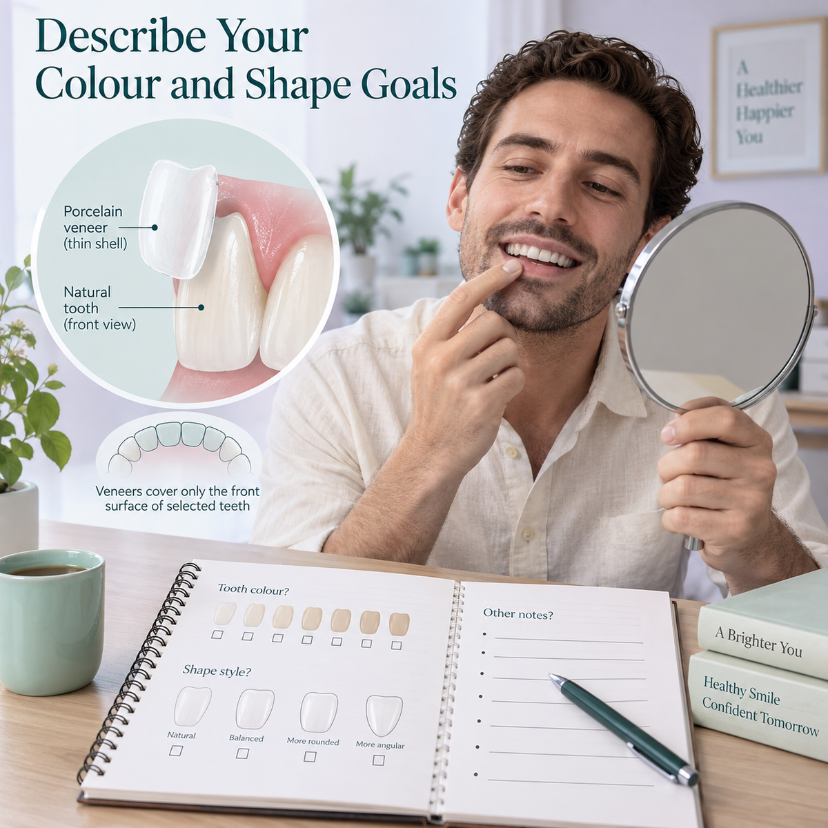 A patient identifies shade and shape concerns before considering treatment. Educational illustration.