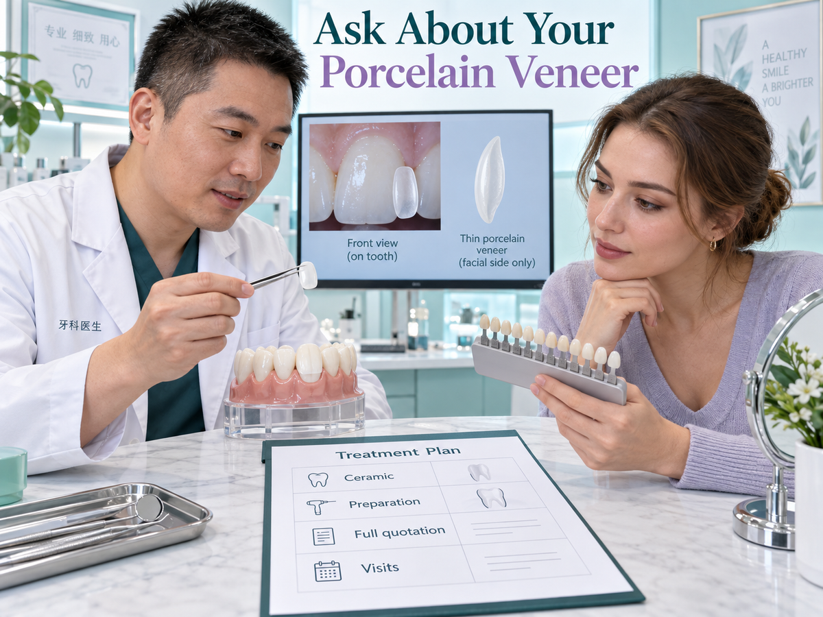A Chinese dentist discusses tooth suitability, ceramic, preparation and cost. Educational illustration.