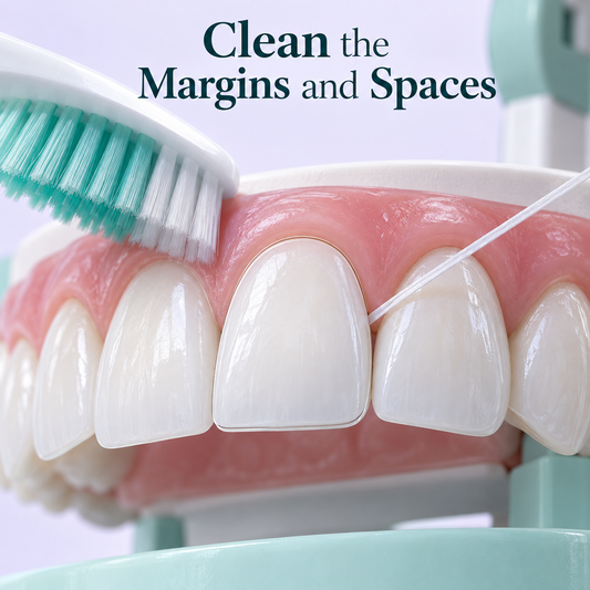 Cleaning the gumline and between veneered teeth supports everyday care. Educational illustration.