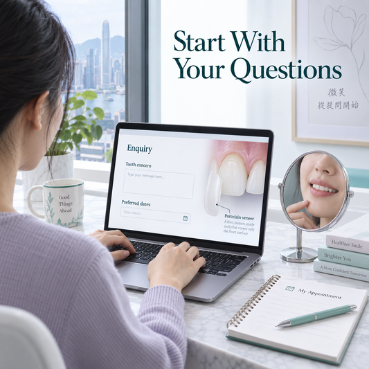 The patient shares the tooth concern and preferred dates. Educational illustration.