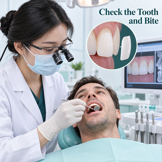 A Chinese clinician assesses the front tooth, enamel and bite. Educational illustration.
