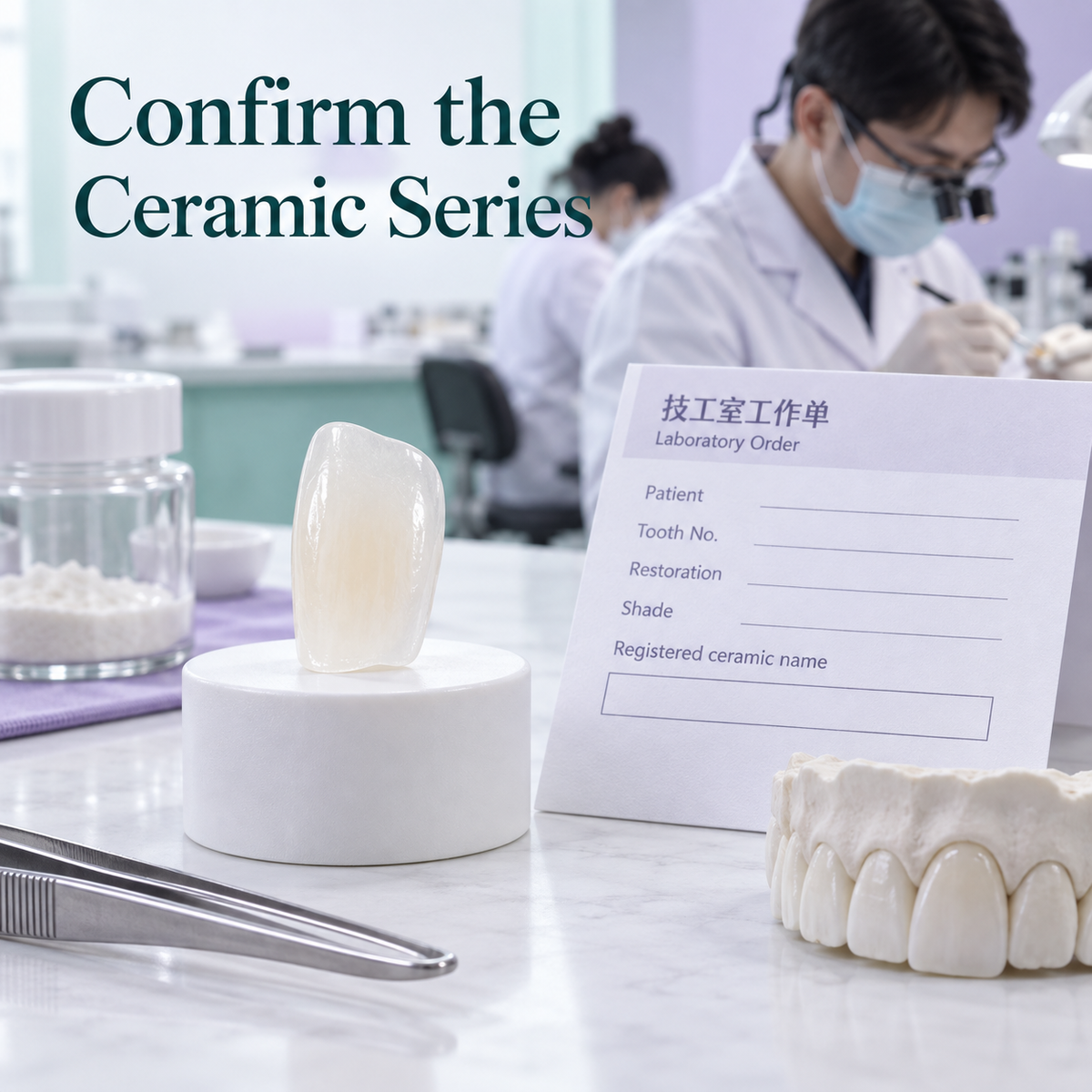 The specific Sirona ceramic must be verified on the prescription. Educational illustration.