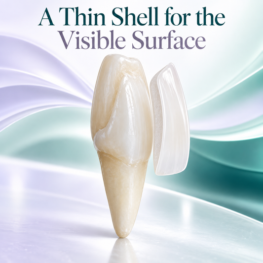 The front veneer shell leaves the rear surface of the natural tooth uncovered. Educational illustration.