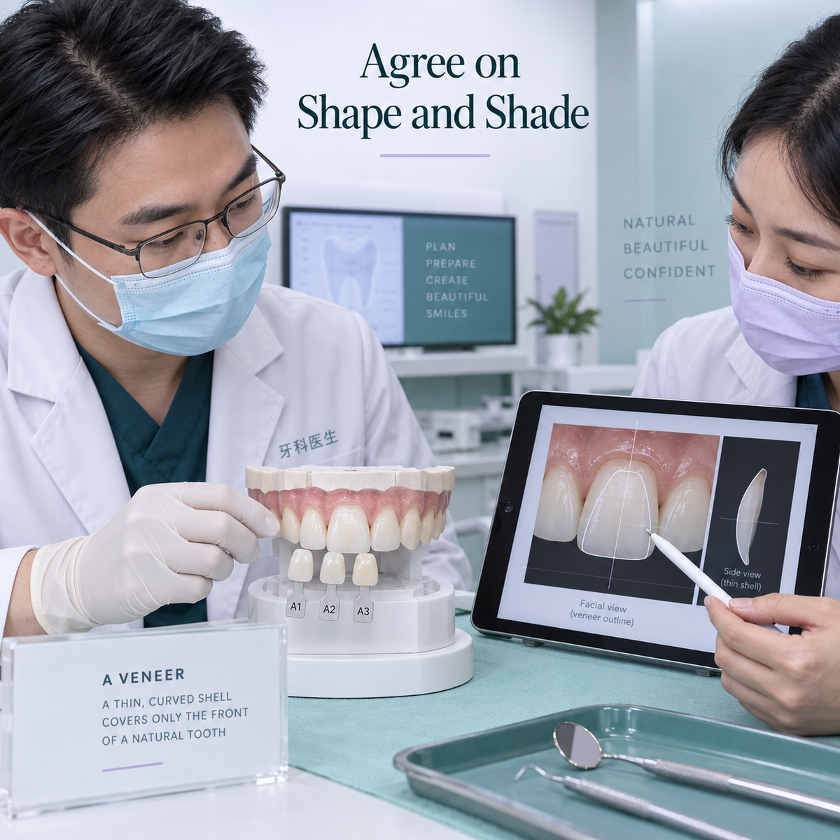 Shape and shade are compared with neighbouring teeth. Educational illustration.