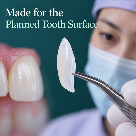 A veneer is a thin custom restoration matching the tooth surface. Educational illustration.