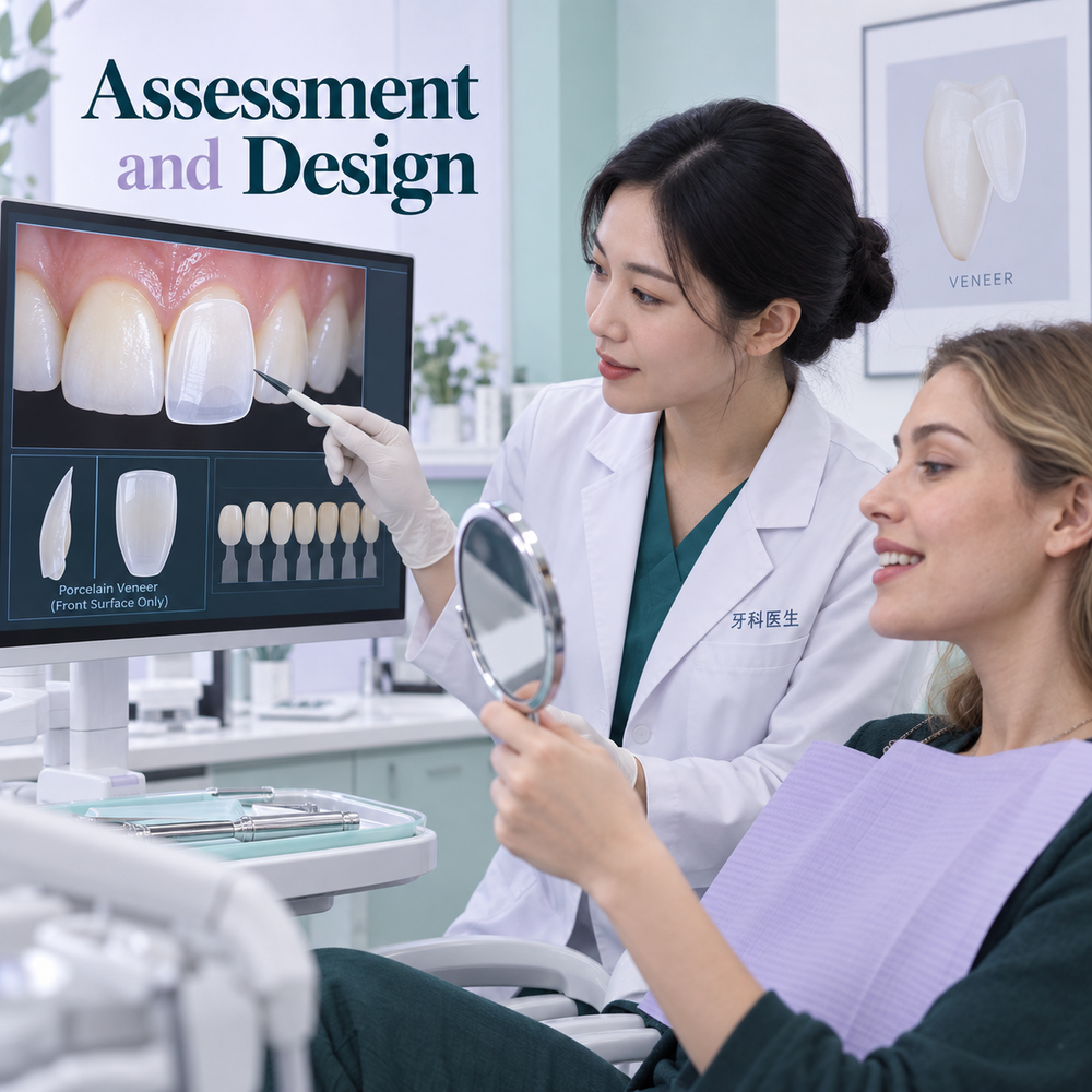 The dentist reviews veneer suitability and design. Educational illustration.