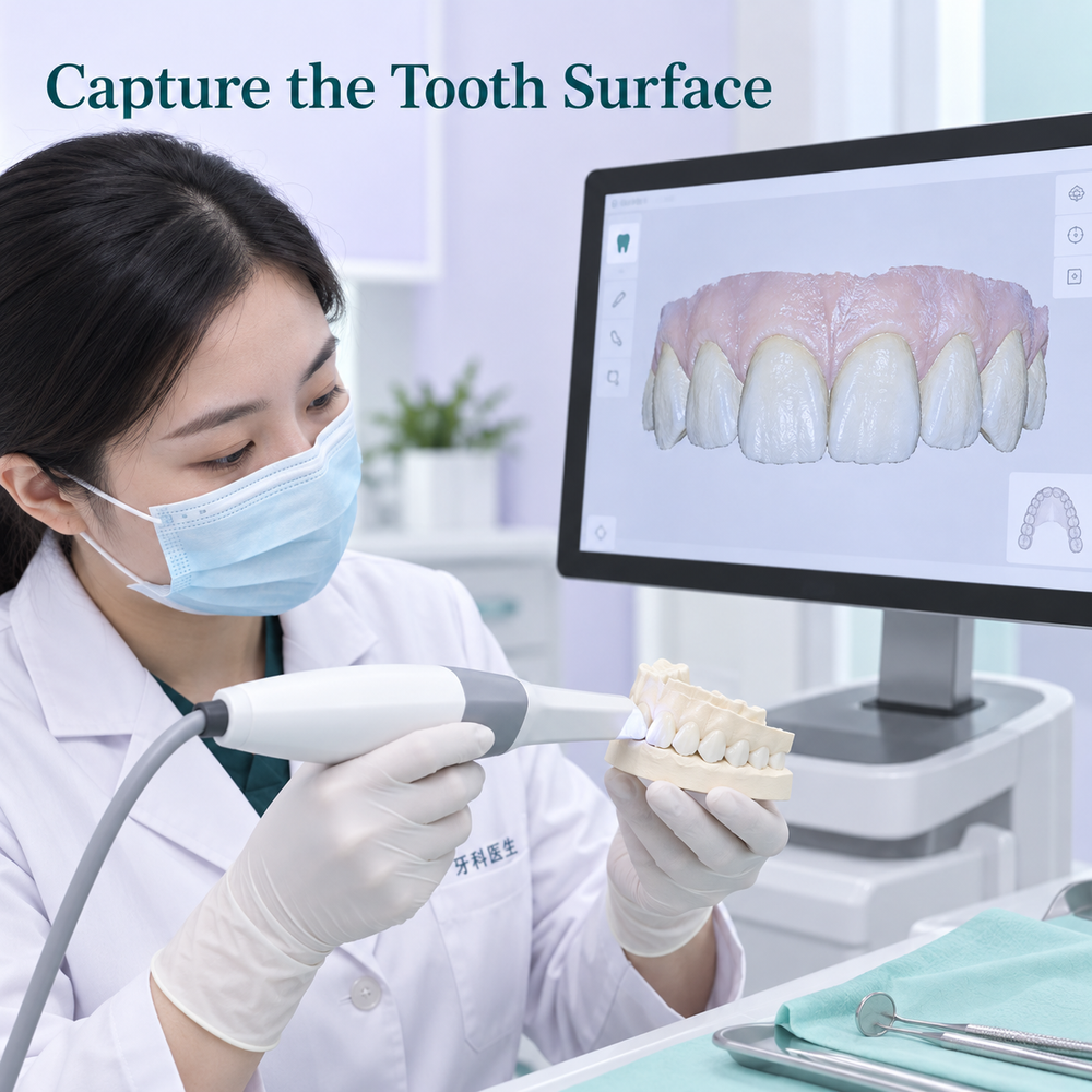 The anterior tooth surfaces are recorded for making the veneer. Educational illustration.