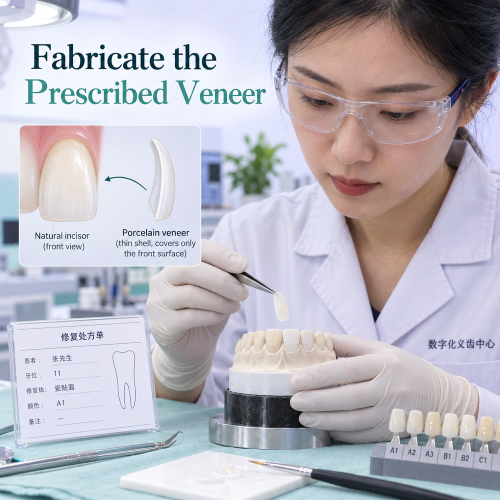 A Chinese technician checks a thin veneer against the laboratory prescription. Educational illustration.