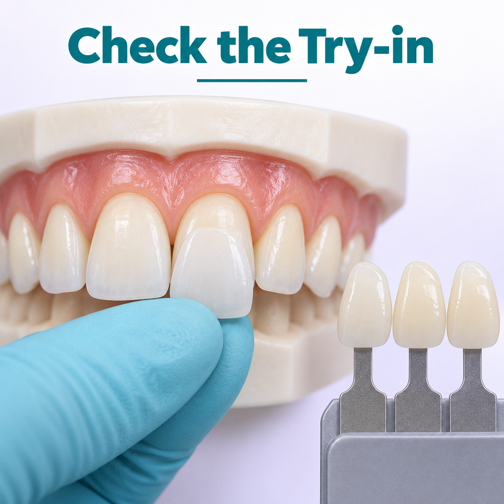 The veneer is tried against the front tooth before bonding. Educational illustration.