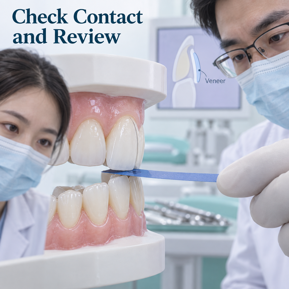 The dentist checks contact between the front teeth at fitting. Educational illustration.