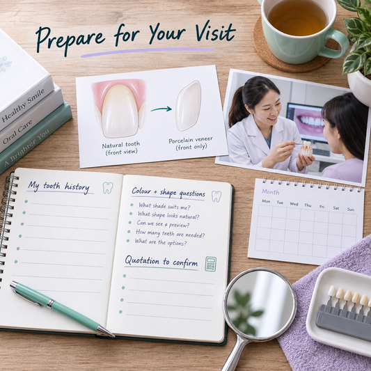 Tooth history and questions are prepared before the visit. Educational illustration.