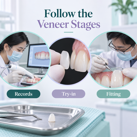 Records, try-in and fitting follow the veneer plan. Educational illustration.