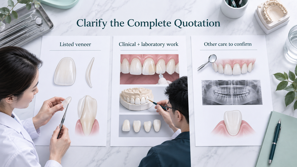 The listed veneer and all clinical or laboratory stages need a clear quotation. Educational illustration.