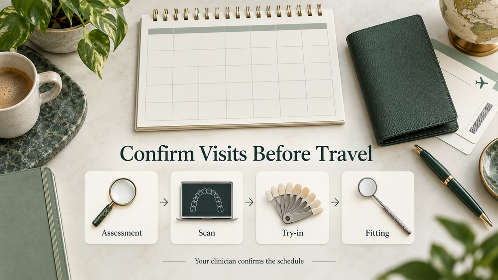 Travel dates should follow confirmed clinical and laboratory appointments. Educational illustration.