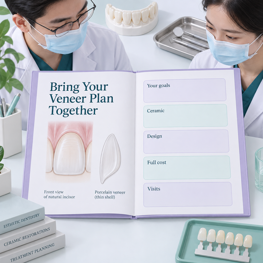 A complete porcelain veneer plan connects goals, ceramic, design, cost and visits. Educational illustration.