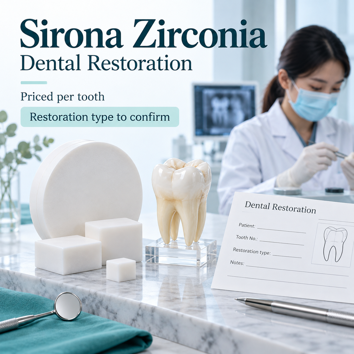 Zirconia material and an individual restoration prescription. Educational illustration.
