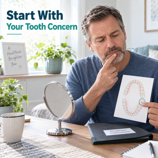 The patient identifies the tooth and describes a practical concern. Educational illustration.