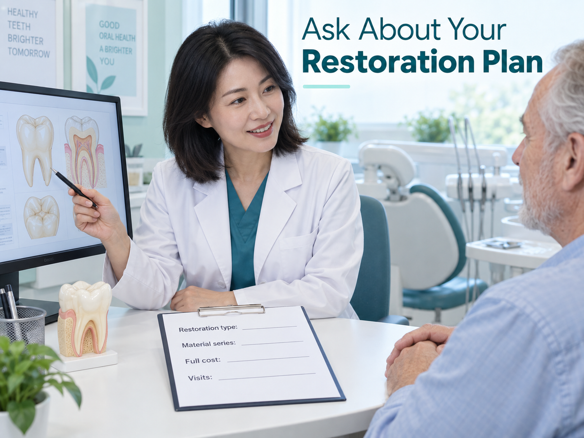 A Chinese dentist discusses restoration type, material and the full quotation. Educational illustration.
