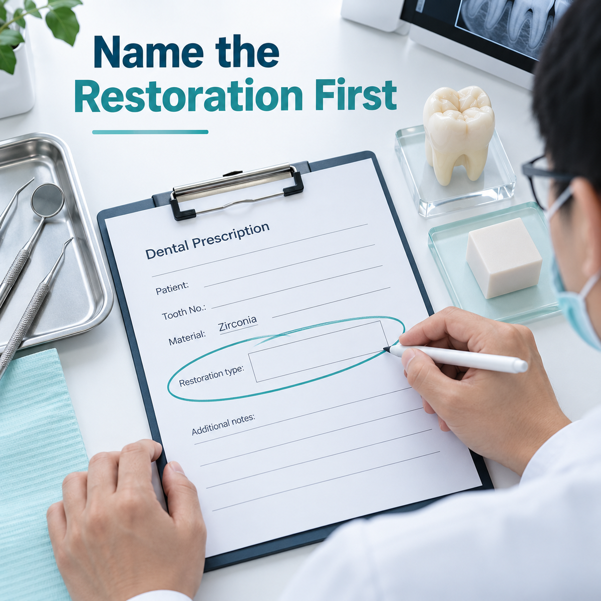 The clinician must identify the restoration type before specifying tooth coverage. Educational illustration.