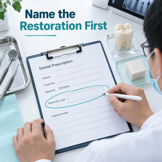 The clinician must identify the restoration type before specifying tooth coverage. Educational illustration.
